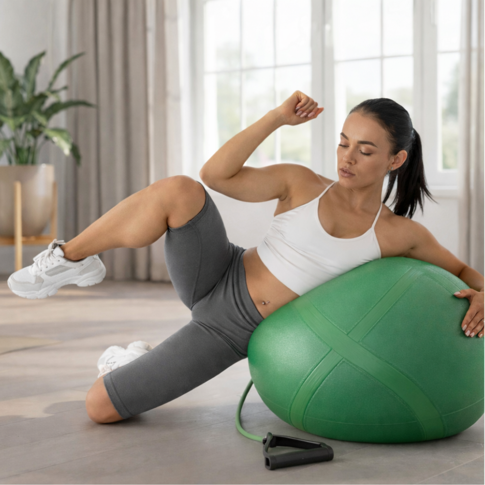 Woman exercising on a green exercise ball in a home setting